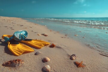 Obraz premium Snorkeling fins and mask resting on sunlit beach sand with calm blue water in the background