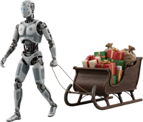A modern humanoid robot with blue glowing eyes pulls a wooden sleigh filled with Christmas presents and burlap sacks gifts holiday festive technology futuristic
