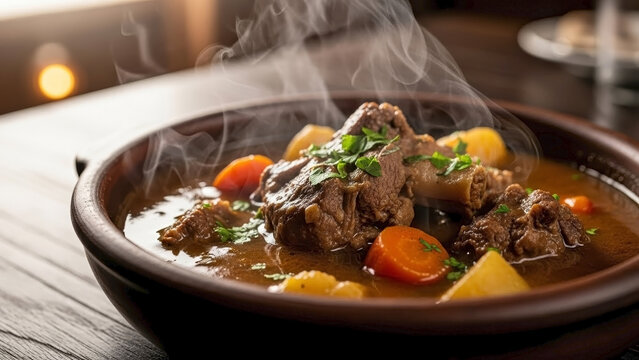 Steaming mutton stew served in rustic clay bowl, hearty winter dish. Delicious mutton stew boasts tender meat, vibrant carrots, and creamy potatoes, inviting comfort food.