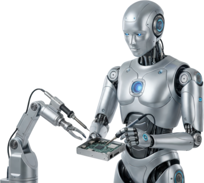 Humanoid robot with glowing blue eyes and circuits meticulously assembling electronic circuit board with robotic arm assistance android artificial intelligence AI - Powered by Adobe