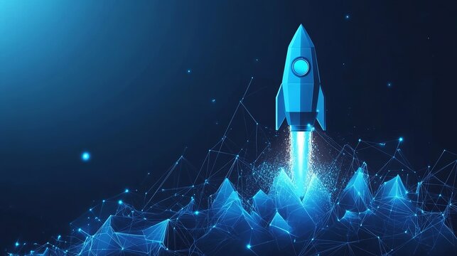 Modern rocket launching into space, a dynamic concept for startup success and innovative technology, representing growth with a vibrant blue color palette