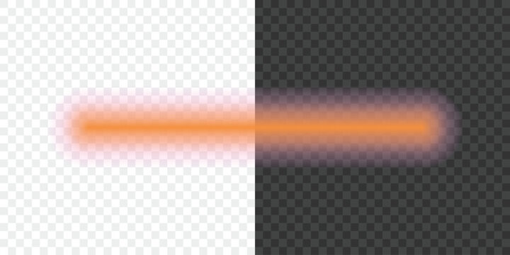 Neon orange glowing light beam on transparent and dark backgrounds. Shiny vector element with blur effect.