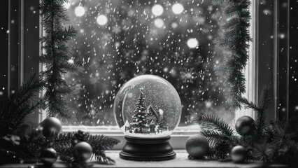 Snow Globe Magic - A Winter Window Display in Black and White.