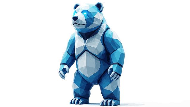Futuristic low poly panda with glowing eyes stands tall against a bright white background
