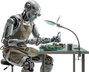 Fototapeta premium Humanoid robot wearing apron soldering circuit board under magnifying lamp with wire spool and pliers on table electronics technology mechanic repair maintenance