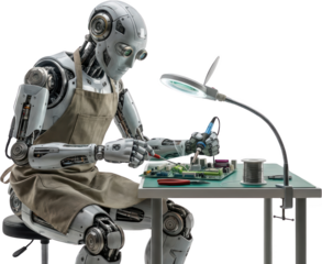 Humanoid robot wearing apron soldering circuit board under magnifying lamp with wire spool and pliers on table electronics technology mechanic repair maintenance