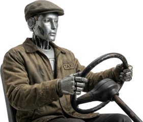 A metallic robot driver wearing a brown jacket and cap grips a steering wheel with a taxi emblem visible on the jacket Android Humanoid Futuristic Technology Transportation