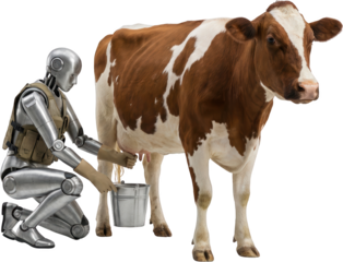 A futuristic robot arm performing automated milking on a brown and white dairy cow with a metal bucket below Automation Technology Livestock Animal Farm Agriculture