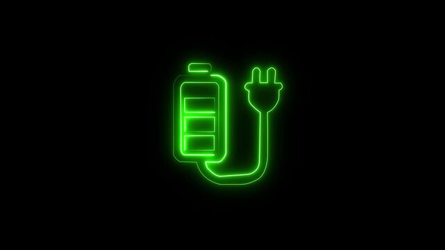 Glowing neon line battery icon with cable. charging symbol. Electric battery in active charging animation on black background.motion video.
