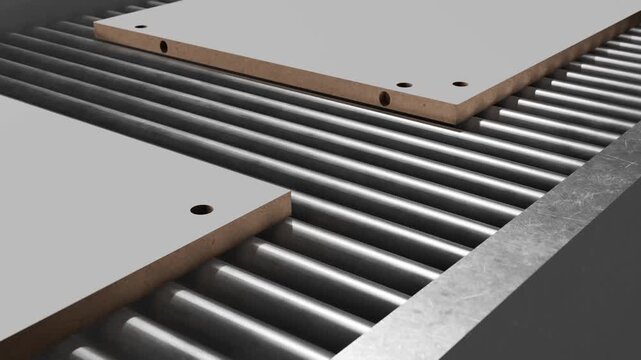 Close up of white furniture panels moving down a factory conveyor belt