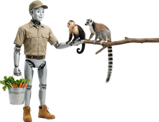 Fototapeta premium A humanoid robot in a safari uniform holds a bucket of vegetables offering food to a capuchin monkey and a ring tailed lemur perched on a branch Ringtailed lemur