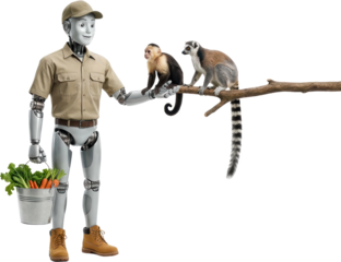 A humanoid robot in a safari uniform holds a bucket of vegetables offering food to a capuchin monkey and a ring tailed lemur perched on a branch Ringtailed lemur