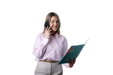 Businesswoman talking on phone and holding a folder