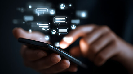 Hands typing on smartphone with glowing chat bubbles and user icons messaging