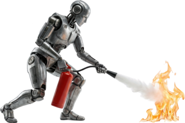 Advanced humanoid robot extinguishes bright orange flames using a red fire extinguisher emitting white smoke Firefighter Technology Artificial Intelligence Hazard
