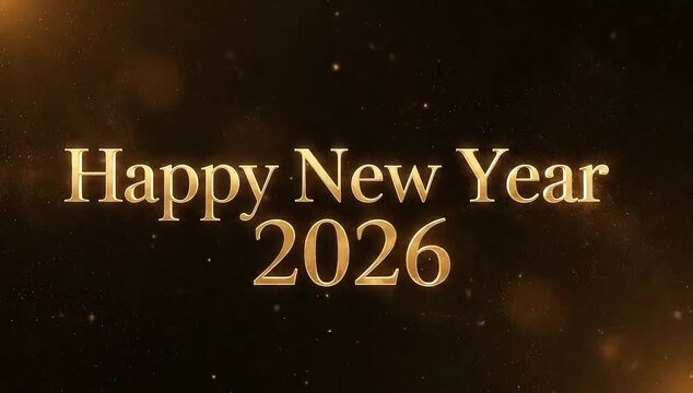 Golden 'Happy New Year 2026' text shimmering against a dark, celebratory background with bokeh lights.