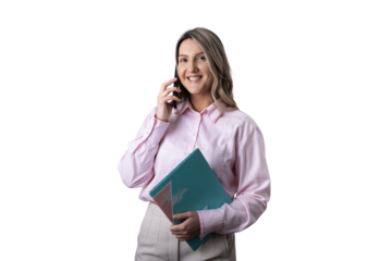 Business woman making phone call holding documents on transparent background
