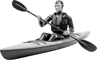 A futuristic humanoid robot with a pale face and mechanical body wears a life vest while paddling a white kayak with a black paddle against a transparent background