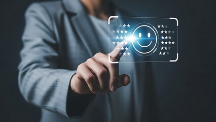 Woman tapping positive feedback button on digital interface with a smile