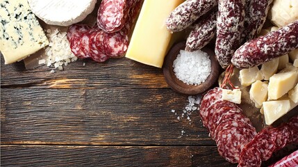 charcuterie. Gourmet selection of cheeses and sausages arranged on a wooden surface, top view. menu design, packaging mockups, designed for food delivery and cloud-kitchen brand materials.