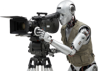 A humanoid robot operating a professional cinema camera on a tripod with exposed wires and mechanical arm details visible professional camera filmmaking cinematography