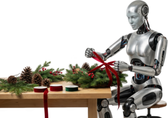 A futuristic humanoid robot carefully ties a red ribbon onto a festive evergreen wreath adorned with pinecones and berries artificial intelligence AI Christmas holiday