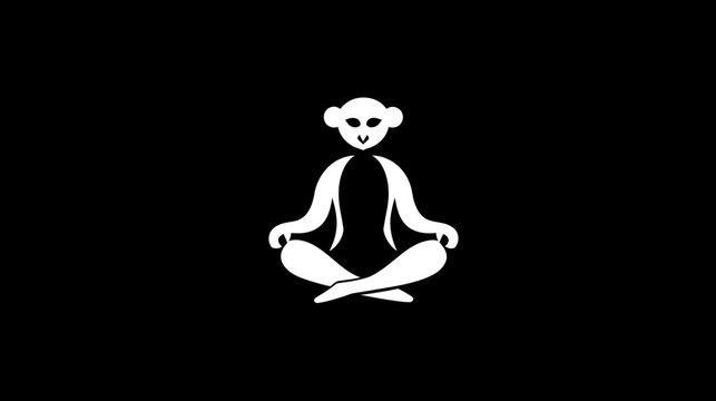 Meditating Monkey Silhouette in White on Black, Abstract Primate Yoga Pose Icon for Mindfulness, Peace, and Wellness Design