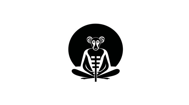 Minimalist graphic illustration of a stylized monkey meditating in a zen pose within a black circle. Spiritual primate art.