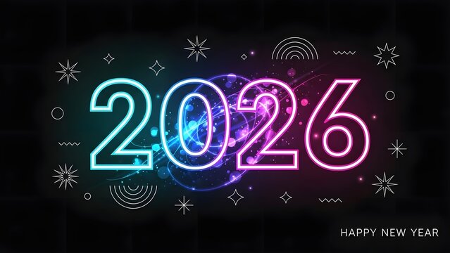 Vibrant 2026 New Year's Eve celebration background with dazzling neon lights and sparkling geometric shapes for a festive holiday season greeting