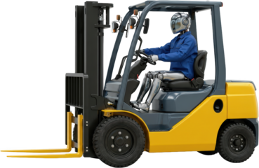 A modern robot with a metallic head and articulated limbs operates a yellow and gray forklift wearing a blue uniform automation industrial technology logistics warehouse