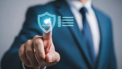 Businessman touching digital shield icon security protection and data privacy concept
