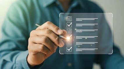 Man completing a digital checklist with pen on transparent screen