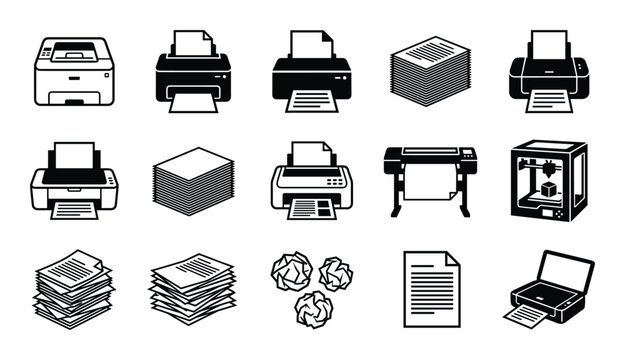 Printer icons and paper items. Stacks of paper, crumpled sheets, documents. Printing and office supplies.