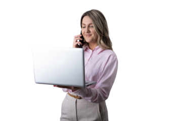 Businesswoman multitasking holding laptop making phone call