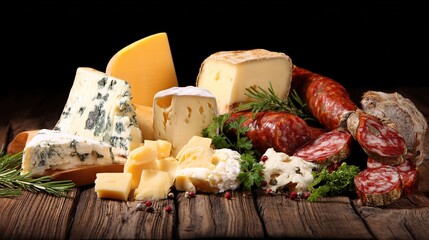 charcuterie. Gourmet selection of cheeses and sausages arranged on a wooden surface, top view. menu design, packaging mockups, designed for food delivery and cloud-kitchen brand materials.