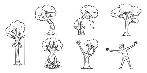 Linear Tree Illustrations Collection Showing Anthropomorphic Trees Expressing Emotions in Poses. Humanoid Plant Character Collection: Standing, Meditating, Weeping, and Greeting elements. 