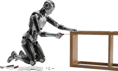 A sophisticated humanoid robot is kneeling and assembling a wooden furniture frame using a screwdriver with tools and instructions nearby Android Technology Future