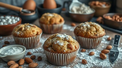 Rustic Almond Muffin Bounty: Freshly Baked Goodness with Natural Light and Baking Ingredients Behind