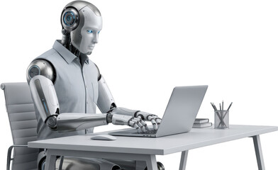A humanoid robot with blue eyes and metallic limbs sits at a white desk typing on a silver laptop computer with a white mouse beside it artificial intelligence ai