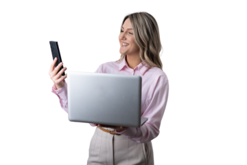 Woman multitasking with laptop and smartphone, transparent background