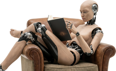 Realistic humanoid robot with visible mechanical joints wearing a flesh toned skin sitting comfortably in a brown leather armchair and engrossed in reading an open book