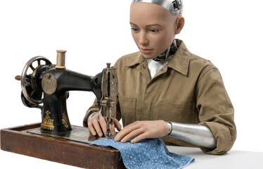 Humanoid robot with metallic arm operating antique sewing machine stitching blue patterned fabric Transparent background android AI artificial intelligence technology