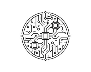 Round printed circuit board. Central processor and peripheral chips. Electronic technology illustration.