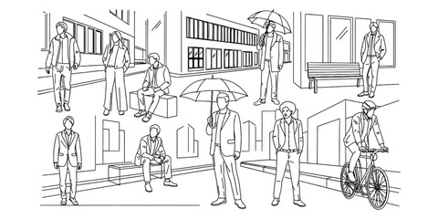 Architectural Line Art People Illustration Vector Set in Urban Landscape. Men, Women in Various Poses, Activities. Design Element Drawings, Outlines, Graphics.