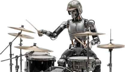 A Metallic Humanoid Robot Wearing A Helmet Is Playing A Drum Set With Drumsticks Isolated On A Transparent Background Drummer Music Musician Rhythm Beat Sound Percussion
