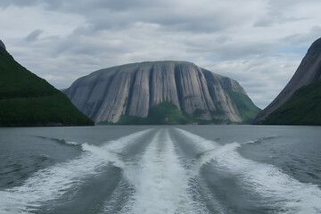 Boats wake on a serene fjord leading to a majestic, textured mountain under a cloudy sky