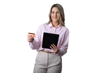 Woman holding credit card and tablet for online shopping