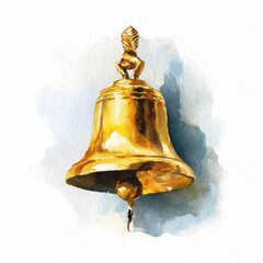 Watercolor New Year's illustration, a golden New Year's bell on a white background. AI generative.