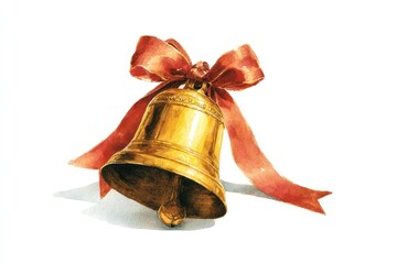 Watercolor New Year's illustration, a golden New Year's bell on a white background. AI generative.