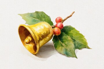 Watercolor New Year's illustration, a golden New Year's bell on a white background. AI generative.